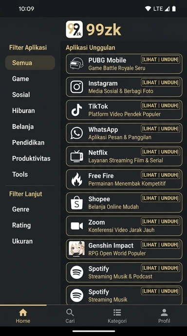 Tampilan katalog aplikasi 99zk