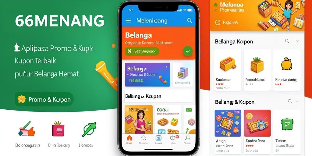 Tampilan utama aplikasi 66MENANG menampilkan berbagai kupon menarik.