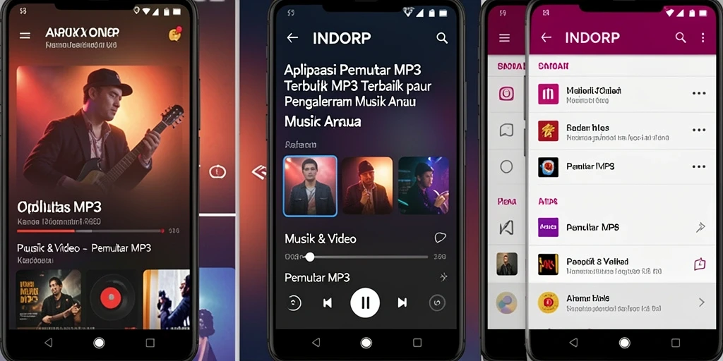 Tampilan antarmuka aplikasi Pemutar MP3 INDORP yang modern dan menarik.