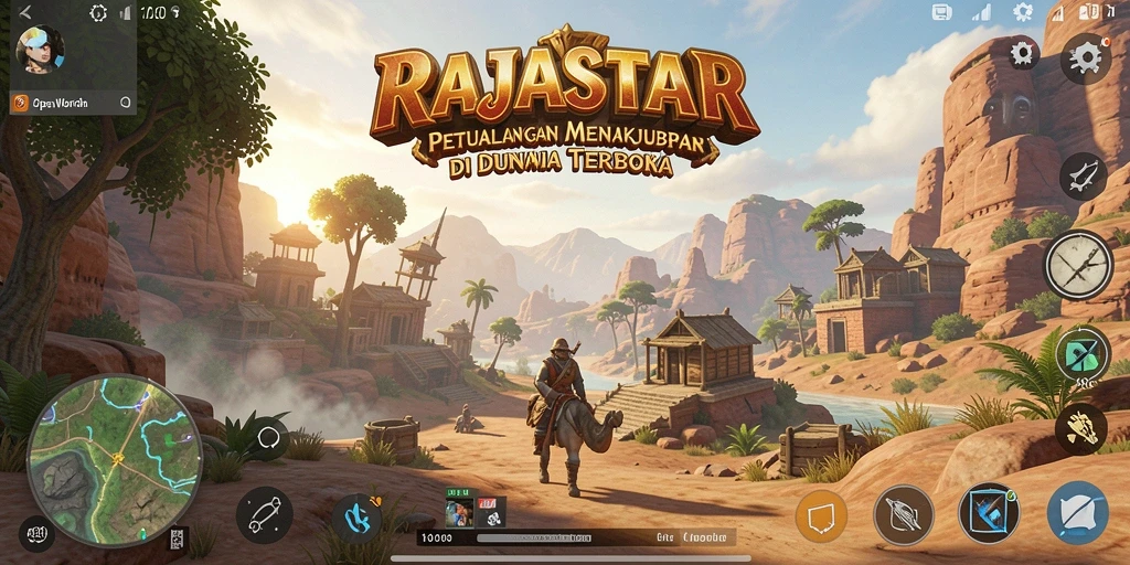 Antarmuka game RAJASTAR yang menampilkan dunia terbuka yang luas.